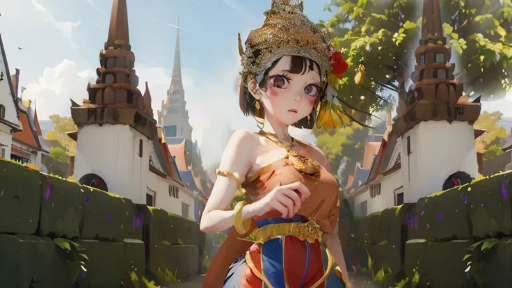 anime girl in a brown dress and a crown standing in front of a castle, artwork in the style of guweiz, anime thai girl, guweiz, ...