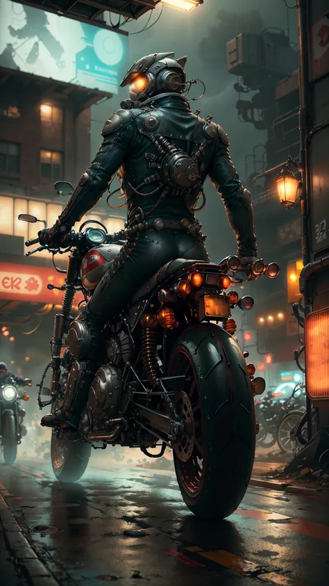 detailed cyberpunk motorcycle, futuristic motorcycle, riding on the road, motorcycle from behind view, 1 person riding motorcycle, intricate details, high resolution, 8k, photorealistic, hyper detailed, cinematic lighting, dynamic motion blur, gritty urban...