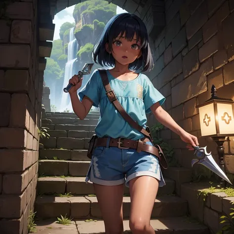 最high quality、high quality、frugal cloth clothes、１０year-old girl adventurer、climb the labyrinth stairs、shorts、equipped with a dag...