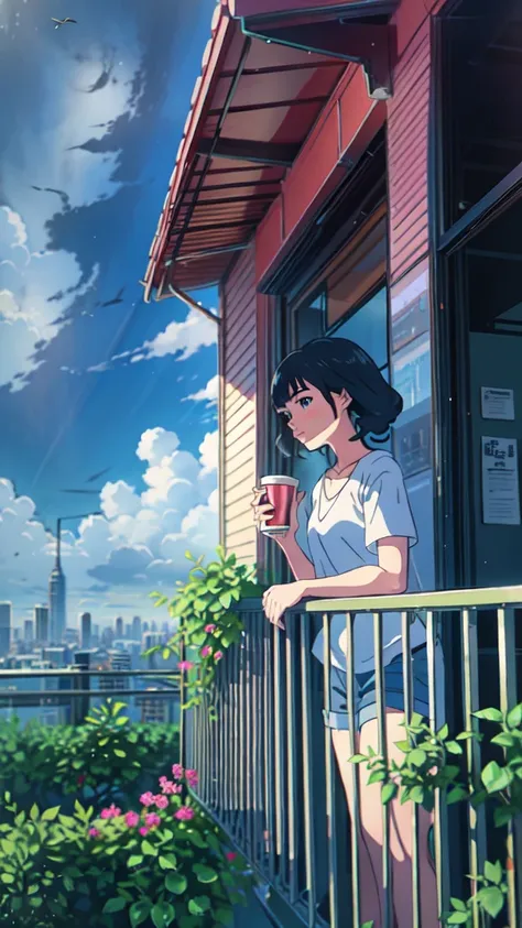 a girl standing on a balcony with a cup of coffee, cgsociety 9, chillhop, alena aenami and artgerm, makoto shinkai and artgerm, ...