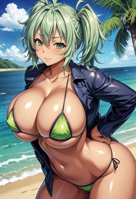 transformation　Lewd　Pervert　Dynamic Angle　Micro Bikini　Ocean　Sexy pose　Green Hair