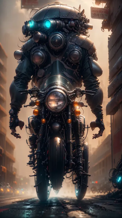 detailed cyberpunk motorcycle, futuristic motorcycle, riding on the road, motorcycle from behind view, 1 person riding motorcycl...