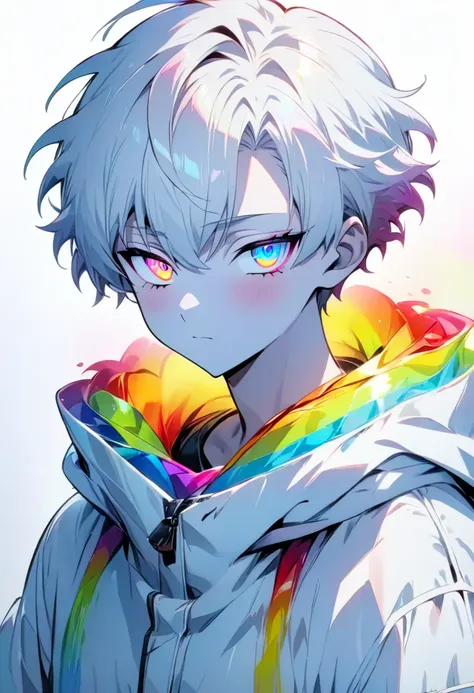 [(white background:1.5)], ((masterpiece)), high quality, ((solo)), ((1 younger boy)), (white color short hair), (rainbow color e...