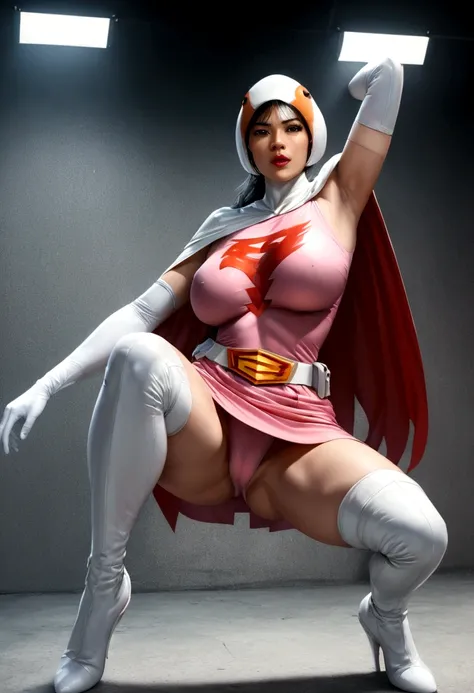 A girl in Gatchaman costume, long boots, long gloves, kicking enemies, detailed face, H3JTS, giga_busty, best quality, 4k, 8k, highres, masterpiece:1.2, ultra-detailed, realistic, photorealistic, photo-realistic:1.37, HDR, UHD, studio lighting, ultra-fine ...