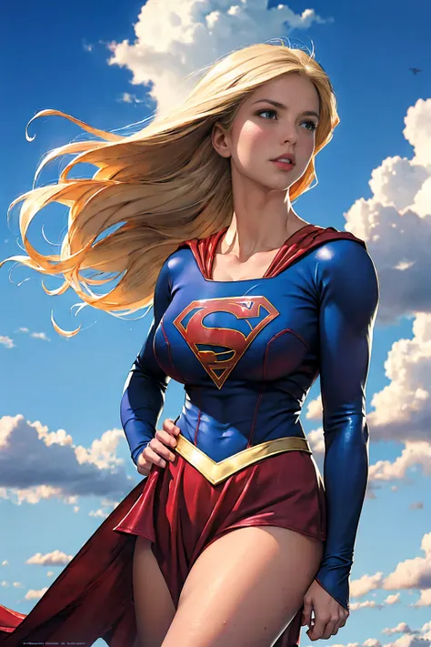 art image of supergirl, busty, beautiful, blonde hair, large breasts, flying in the clouds, blue sky, , by louis royo, boris val...