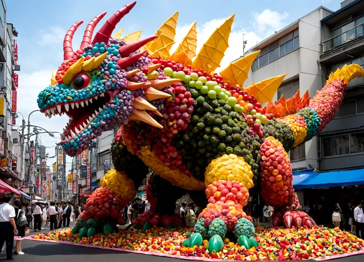 Giant Kaiju made of bright bits of fruit salad battle in a candy land Tokyo, Steam Punk styling
