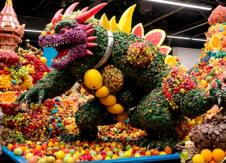 Giant Kaiju made of bright bits of fruit salad battle in a candy land Tokyo, Steam Punk styling
