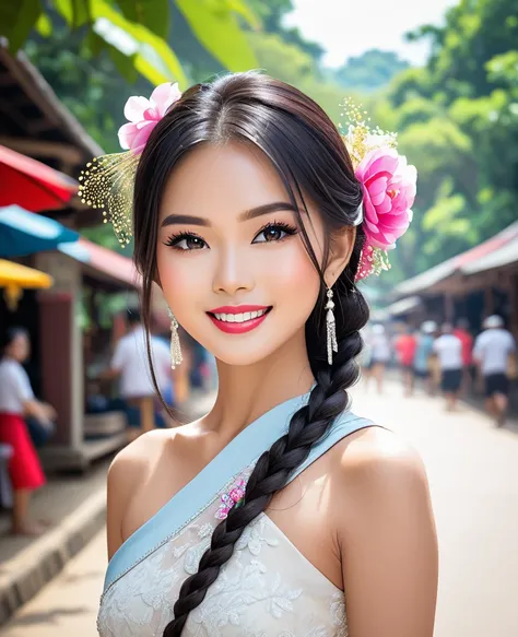 Image of a bright, beautiful Thai girl&#39;s face,Wear a sexy white cloth ,(Masterpiece)Maximum details,Top quality,complete dynamic,anatomy,Excellent photography...