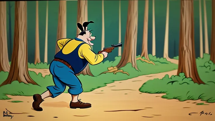 looney tunes style, circa 1943, hand painted background, chubby man hunting in the woods
