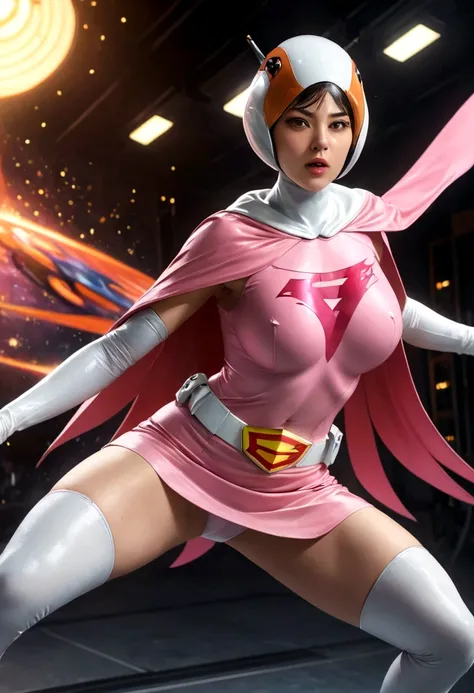 A girl in pink Gatchaman costume, long boots, long gloves, kicking enemies, detailed face, H3JTS, giga_busty, best quality, 4k, 8k, highres, masterpiece:1.2, ultra-detailed, realistic, photorealistic, photo-realistic:1.37, HDR, UHD, studio lighting, ultra-...