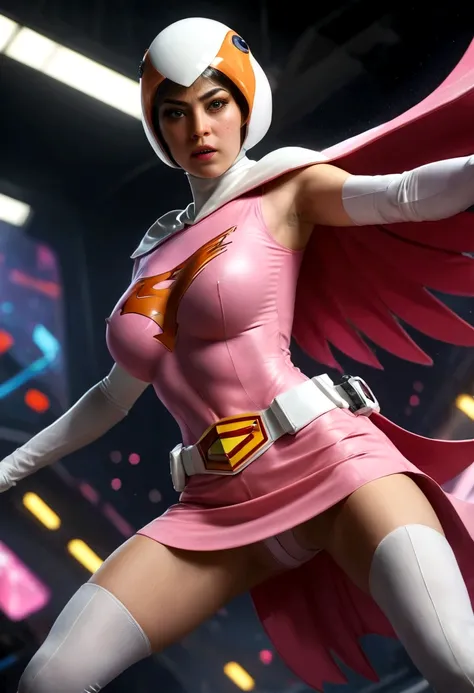 A girl in pink Gatchaman costume, long boots, long gloves, kicking enemies, detailed face, H3JTS, giga_busty, best quality, 4k, 8k, highres, masterpiece:1.2, ultra-detailed, realistic, photorealistic, photo-realistic:1.37, HDR, UHD, studio lighting, ultra-...