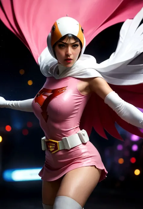 A girl in pink Gatchaman costume, long boots, long gloves, kicking enemies, detailed face, H3JTS, giga_busty, best quality, 4k, 8k, highres, masterpiece:1.2, ultra-detailed, realistic, photorealistic, photo-realistic:1.37, HDR, UHD, studio lighting, ultra-...