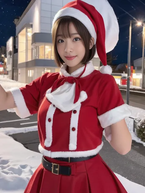 1girl, (santa claus costume:1.5), symmetry, beautiful cute young girl, slender figure, (ultra short hair:1.5), ultra big smile, (Beautiful large round droped detailed eyes:1.0), beautiful detailed lips, extremely detailed face, natural makeup, Incredibly b...