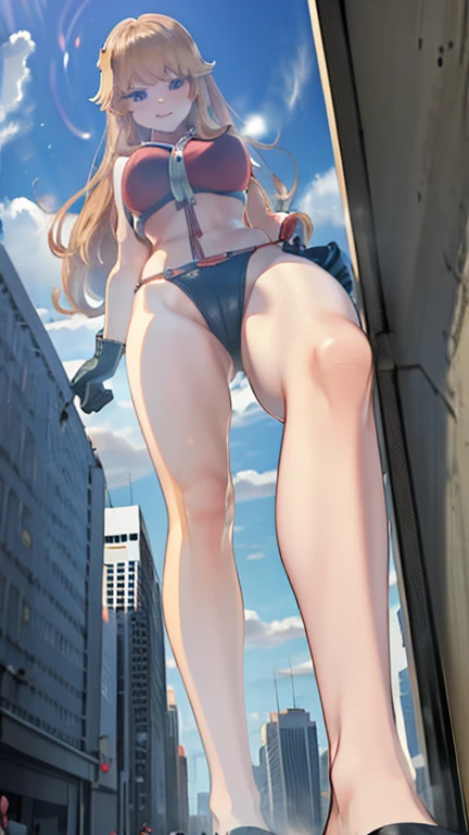 Giant Girl 50,000 feet high，Have a pair of long legs，Have a pair of huge breasts,Have a pair of huge breasts，Wearing a red bikini，Waist length blonde hair，Loose hair，Wear a pair of Mary Janes，Blonde curly hair，full of enjoyment，Standing firm in a crowded c...