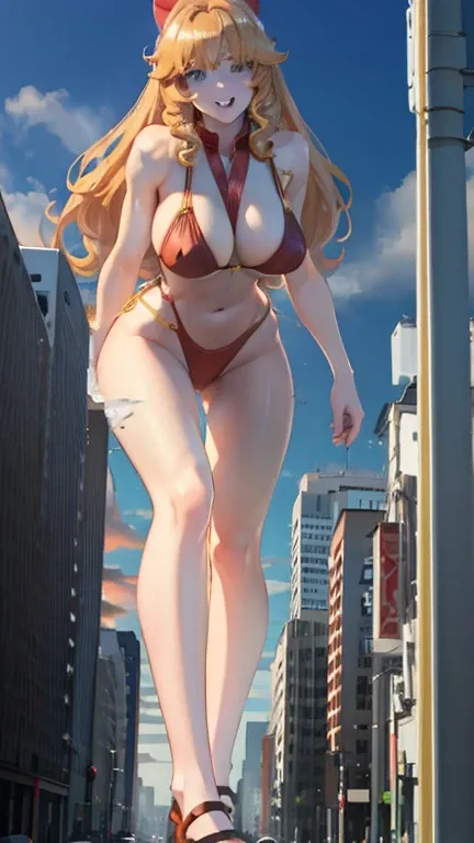 Giant Girl 50,000 feet high，Have a pair of long legs，Have a pair of huge breasts,Have a pair of huge breasts，Wearing a red bikini，Waist length blonde hair，Loose hair，Wear a pair of Mary Janes，Blonde curly hair，full of enjoyment，Standing firm in a crowded c...