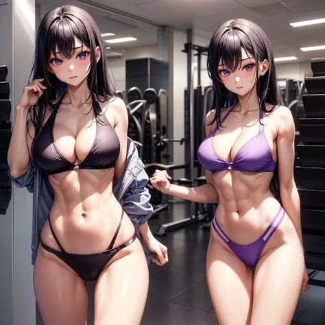 beautiful girl、Big Breasts、Black Hair、Long Straight、Great style、Nice body、Abdominal muscles、Muscular、Training Gym、Light purple bra top、Cleavage、Light purple bikini pants、Beautiful buttocks、Toned Legs、Are standing、The whole body is visible