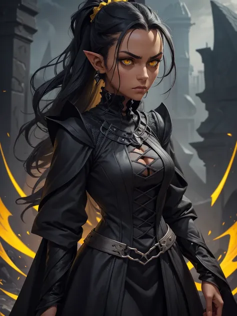 (best quality), 1girl, female, dark grey skin, dark grey hair, hair pulled back, medium hair, yellow eyes, perfect eyes, pointy ears, gothic clothes, serious, stoic, masterpiece, anatomically correct, highres
