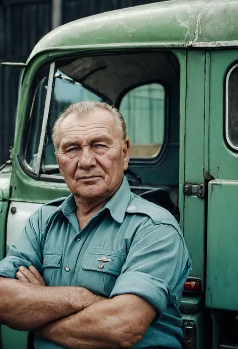 color photo. ZIL-130 truck driver in the USSR. Portrait photo next to the truck or in the truck cab. high detail