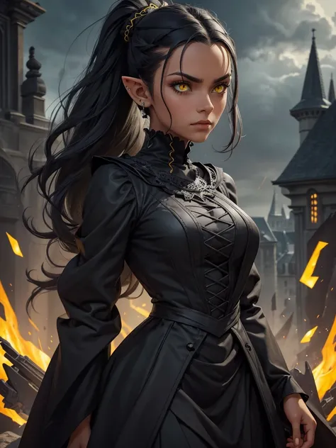 (best quality), 1girl, female, dark grey skin, dark grey hair, hair pulled back, medium hair, yellow eyes, perfect eyes, pointy ears, gothic clothes, serious, stoic, masterpiece, anatomically correct, highres
