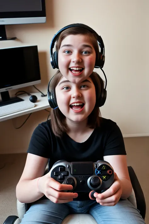 2heads, two headed girl, gamer, nerdy, chubby, age 16, playing game, holding controller, wearing gaming headset, American, cute,