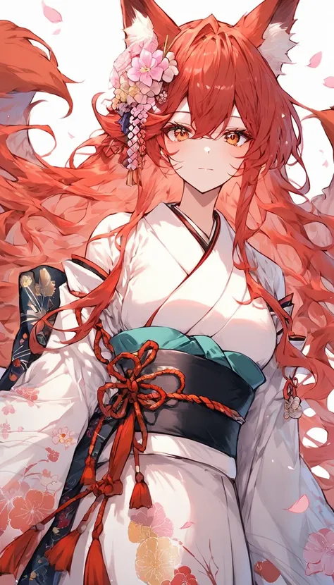 score_9, score_8_superior, score_7_superior, score_6_superior,a pretty asain woman with red hair and orange eyes in the anime stylized world, 1girl, solo, animal ears, japanese clothes, long hair, red hair, hair ornament, flower, hair flower, kimono, looki...