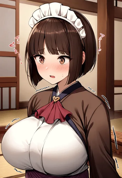 highest quality, Detailed face, Fine grain, One girl, alone, Multiple panel breaks, (Girl at the Japan shrine) , (Bobcut:1.5), (Side-parted bangs:1.5), (Dark brown hair:1.5), (Brown eyes:1.5), short hair, Small breasts, (Huge breasts), :d, (trembling:1.2),...