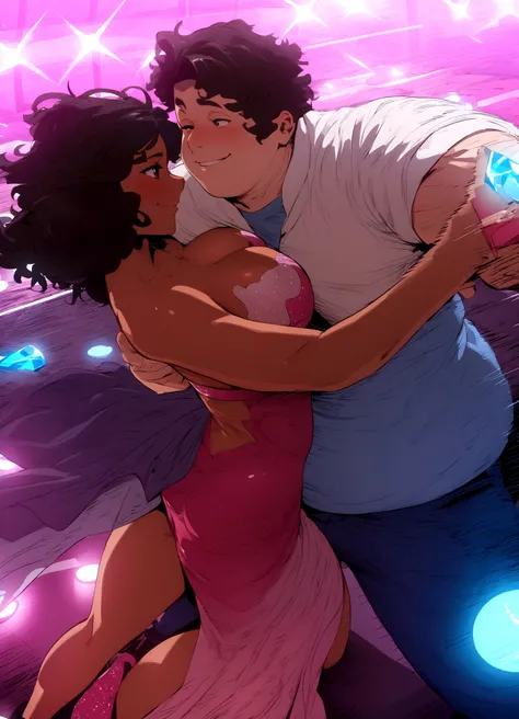 Hdr, masterpiece,4K, ray tracing, best quality, 1boy, 1girl, steven quartz universe, connie maheswaran,  face to face,enamored couple, passionate sensuality, nightclub background, erotic dancing, couple focused,  couple dancing together, highly-detailed an...