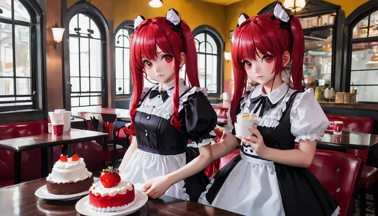 Promotional Photos, The location is a coffee shop, 1 girl, The face of a 16 year old, The waitress is bringing the cake to the table, Red hair twin tails, Kind Face, A strawberry-inspired half-gothic lolita and half-maid costume, Dress in white,