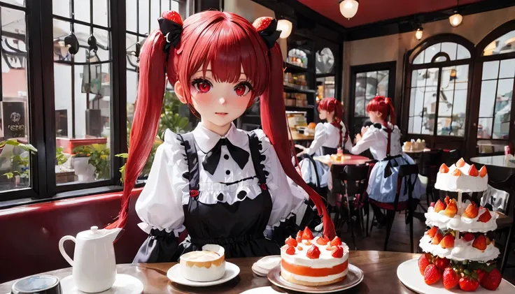 Promotional Photos, The location is a coffee shop, 1 girl, The face of a 16 year old, The waitress is bringing the cake to the table, Red hair twin tails, Kind Face, A strawberry-inspired half-gothic lolita and half-maid costume, Dress in white,