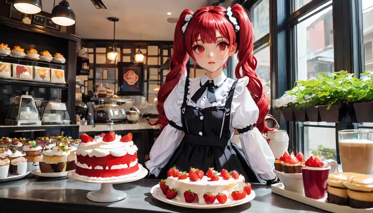 Promotional Photos, The location is a coffee shop, 1 girl, The face of a 16 year old, The waitress is bringing the cake to the table, Red hair twin tails, Kind Face, A strawberry-inspired half-gothic lolita and half-maid costume, Dress in white,