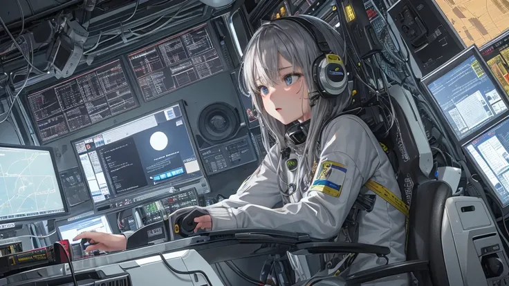 Ultra-detailed and ultra-realistic, This image contains、It shows a  astronaut sitting intently in front of a control panel.。, surrounded by a complex array of flashing lights and complicated machinery.. Childrens youth々Shishi Face、Painted with sharp focus ...