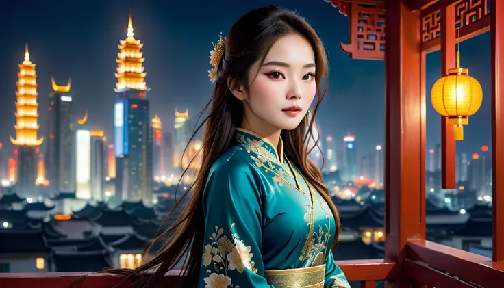 Beautiful and exquisite Asian woman、Wearing Ao Dai and looking at the camera、Night cityscape、Digital Painting、masterpiece、Very sophisticated、Cinematic照明、Warm Tone Palette、Atmospheric、elegant、delicate、beautiful、Intricate details、Photorealistic、8k、highest qu...