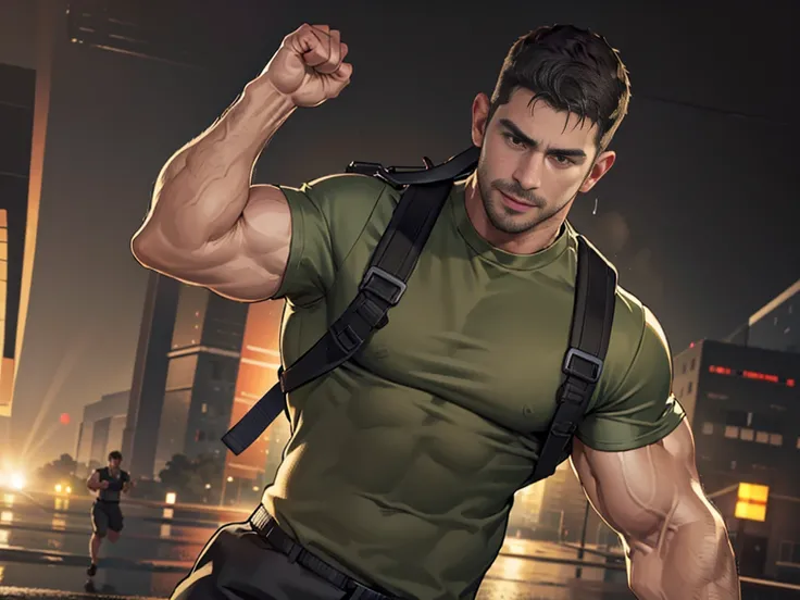 (Create a masterpiece: 1.2),(CGI art:1.3),(realistic:1.5),(After processing:1.3),(Sharp focus:1.3),1 man ,sunglass, straight, front ,Chris Redfield ,(black hair), smile open mouth, (Wear color olive green round neck T-shirt with a Police badge: 1.2), olive...