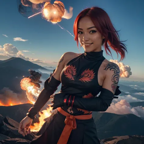 1girl, 18~25 years old, medium breasted, Kazue, ((flametattoo)), ((kamin_tattoo)), ((glowing_eyes)), ((beautiful_smile)), ((flying_hair)), ((red_hair)), ((pyro_fusion gauntlets)), ((smoke_cloud)), ((explosive_blast)), ((Fire_emmited)), (outdoor_settings), ...