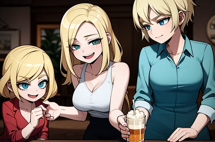 three sexy women on a date with 4 years old boy with blonde hair, flirtatious smiles, both women looking at boy