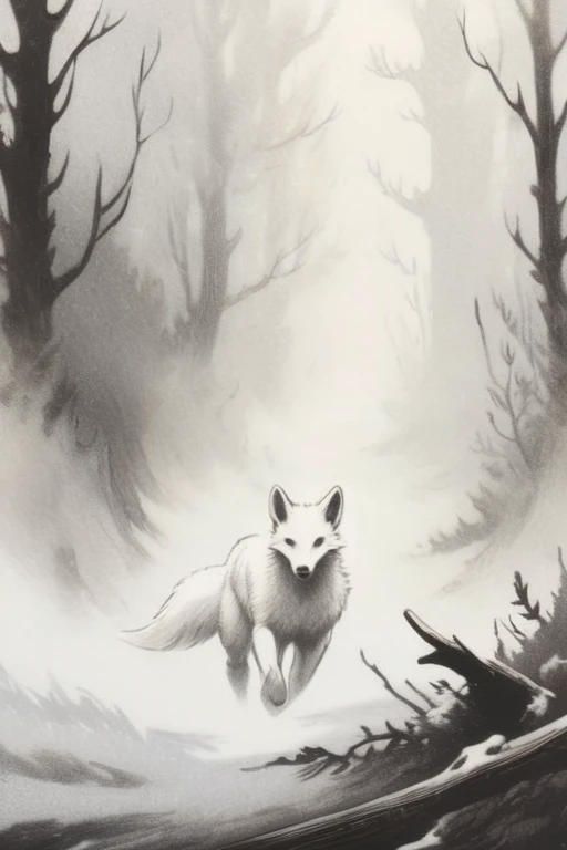 fox drawing, coming out of the smoke, hidden by fog, white smoke and false image, (white nothingness), (blurry white haze), (whi...