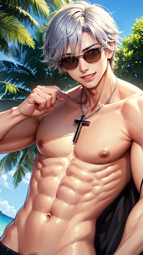 ((Masterpiece、high resolution、High definition、32K))、Focus on the upper body、1 young man、sunglasses、Grin、Cropped silver hair、Golden Eyes、(((Topless)))、Muscular build、((Cross your arms))、Summer blue sky、smile、Staring at me、