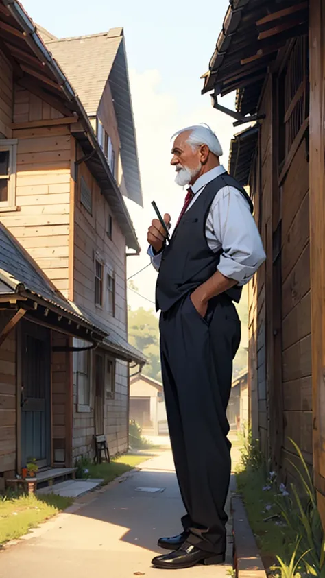 A young man serving an old man and an old house behind him