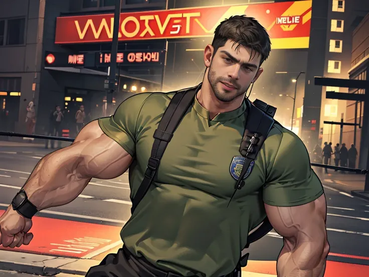 (Create a masterpiece: 1.2),(CGI art:1.3),(realistic:1.5),(After processing:1.3),(Sharp focus:1.3),1 man ,sunglass, straight, front ,Chris Redfield ,(black hair), smile open mouth, (Wear color olive green round neck T-shirt with a Police badge: 1.2), olive...