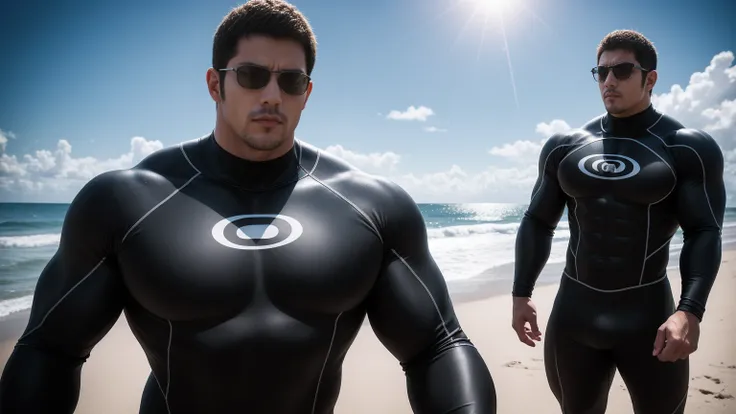 Super muscular man hugging,  They wear sunglasses，Deep gaze kiss，They embrace affectionately，short hair，Beach under the scorching sun, Wear a light grey high collar, long sleeves and tight fitting wetsuit, Shark skin texture，Beach by the sea，beautiful land...