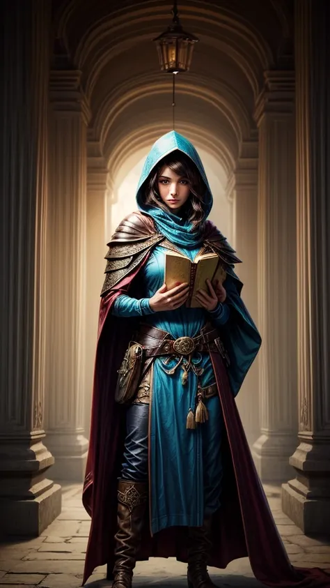 Speed painting of portrait of a fantasy female brunette human adventurer, with a blue hood, in a temple, D&D character, holding a large leather bound book with a butterfly on the book cover