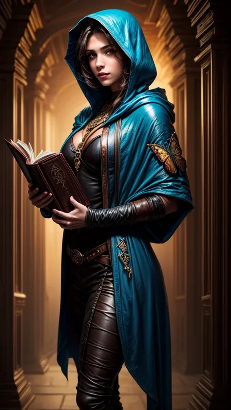 Speed painting of portrait of a fantasy female brunette human adventurer, with a blue hood, in a temple, D&D character, holding a large leather bound book with a butterfly on the book cover