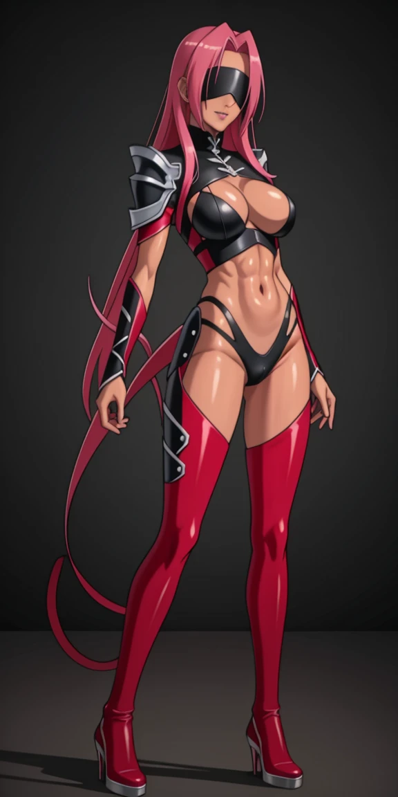 (masterpiece, HI quality: 1.1) 1girl full body standing good face, nice ass, hairstyle: braid, Color Hair: PINK long hair, Blindfolded: NO EYES, Skin: White (porcelain skin, sparkly skin), muscular, thighs, Mature woman, Abs, looks at the viewer smiling, e...