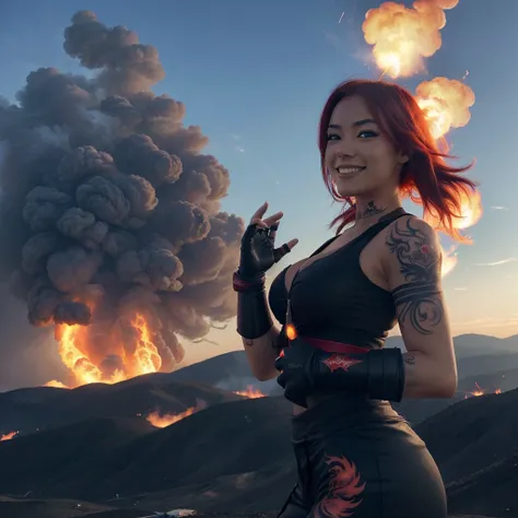 1girl, 18~25 years old, medium breasted, Kazue, ((flametattoo)), ((kamin_tattoo)), ((glowing_eyes)), ((beautiful_smile)), ((flying_hair)), ((red_hair)), ((pyro_fusion gauntlets)), ((smoke_cloud)), ((explosive_blast)), ((Fire_emmited)), (outdoor_settings), ...