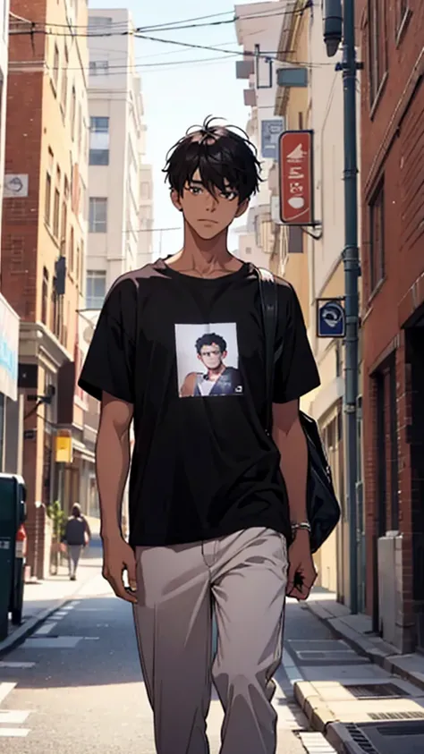 Man, college student, black hair, loose shirt, facing forward,