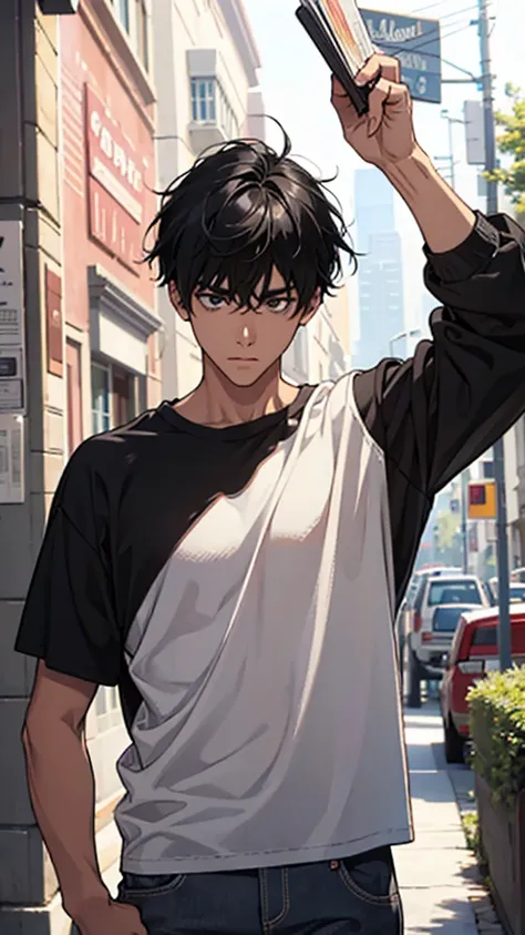 Man, college student, black hair, loose shirt, facing forward,