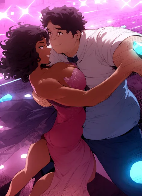 Hdr, masterpiece,4K, ray tracing, best quality, 1boy, 1girl, steven quartz universe, connie maheswaran,  face to face,enamored couple, passionate sensuality, nightclub background, erotic dancing, couple focused,  couple dancing together, highly-detailed an...