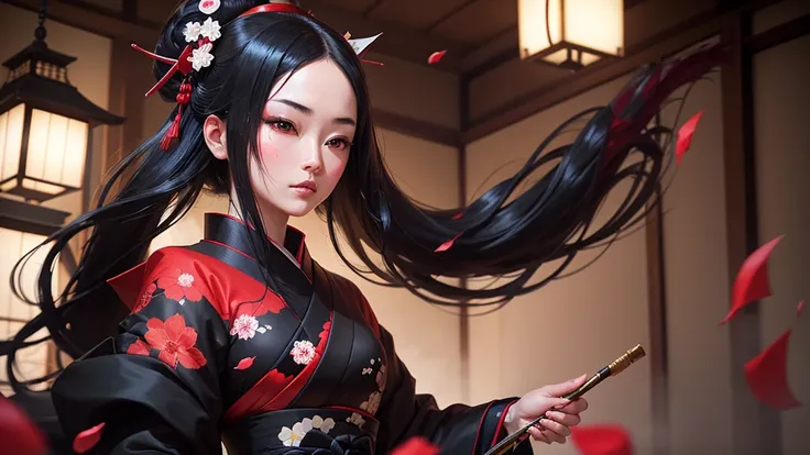 Sharaku,portrait of a woman,located in the center of the image, Some Japanese effects and decorations are sprinkled throughout the photo、night、Home、long black hair、princess cut、being blown by the wind、red petals are dancing