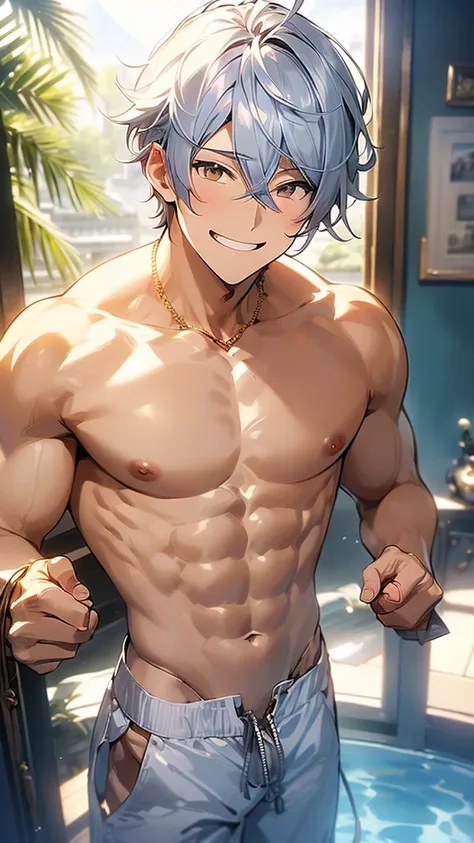 ((Masterpiece、high resolution、High definition、32K))、Focus on the upper body、1 young man、Grin、Cropped silver hair、Golden Eyes、(((Topless)))、Muscular build、((Sexy pose))、Summer blue sky、smile、Staring at me、