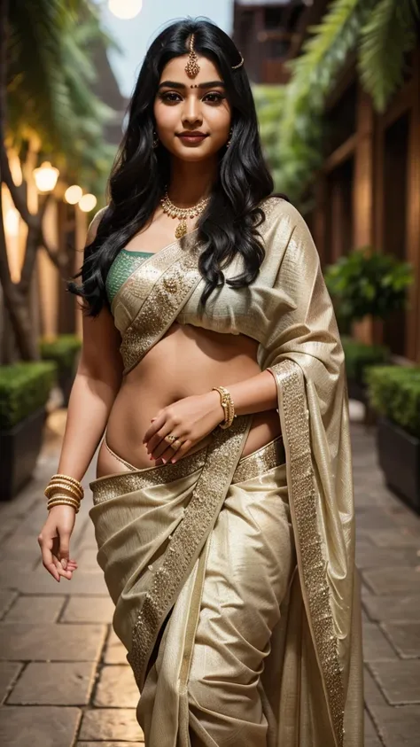 21yo girl, black hair, walking in a moonlit courtyard, exotic girl, bbw chubby indian women, looking at the viewer, shining skin, perfect lighting, the embodiment of grace and elegance, (saree ),  clear details, beautiful, detailed eyes, detailed pupil, vo...